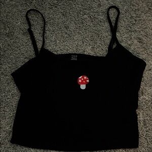 SHEIN Black Crop Top with Red Mushroom Accent